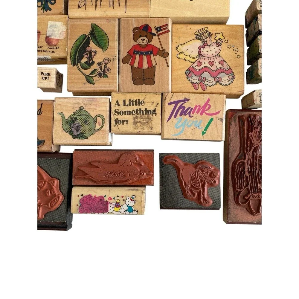 48 Rubber Stamp Lot Wood Mount & Acrylics New and Used Assorted